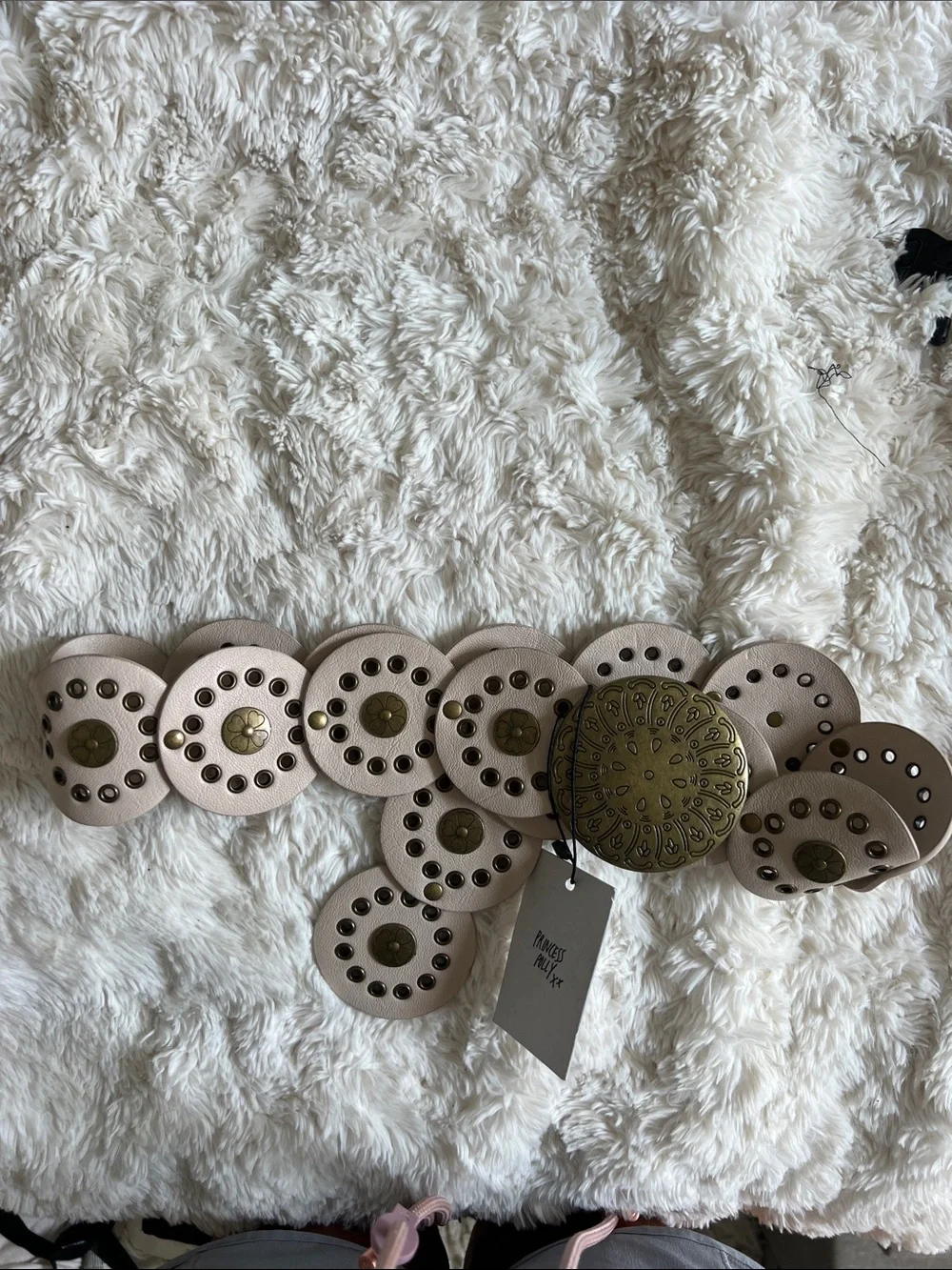 NWT | Princess Polly Beige Medallion Leather Belt with Brass Discs, Size S/M